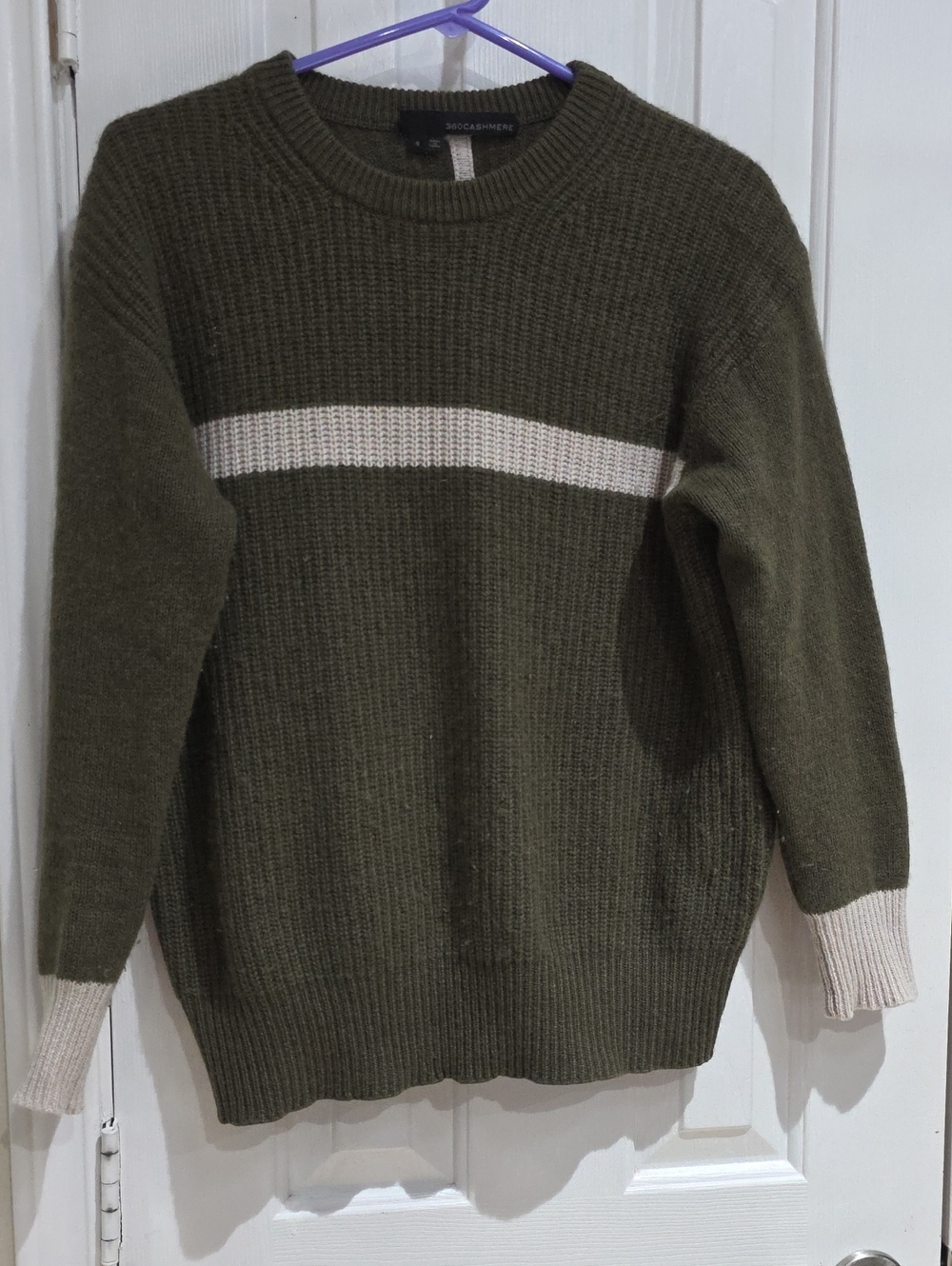 360 Cashmere Olive Crewneck Sweater with Cream Stripe Size S